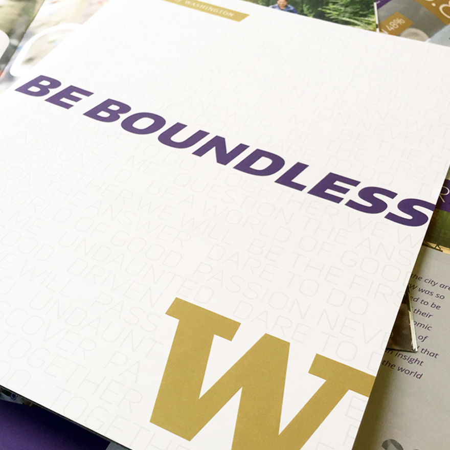 The UW Admissions promotional booklets for recruiting students were designed to appeal to both domestic and international audiences and combined elevated design with powerful photography.