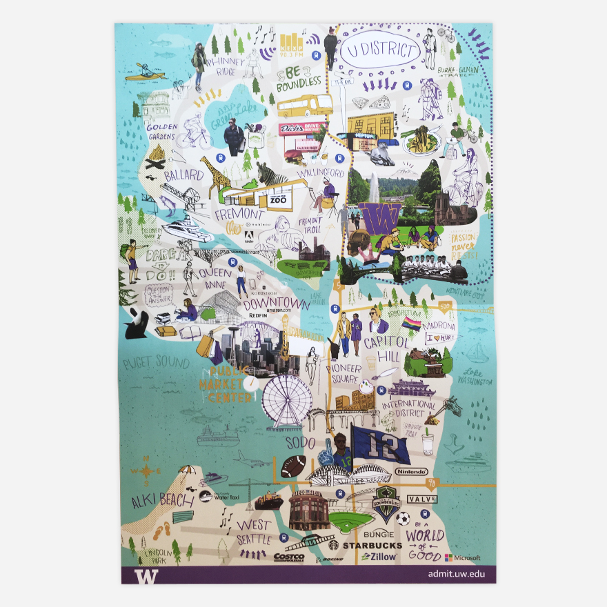 Custom map design showing illustrated map of Seattle