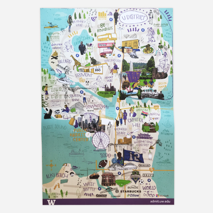 UWView_wrk_sq1a Custom map design showing illustrated map of Seattle