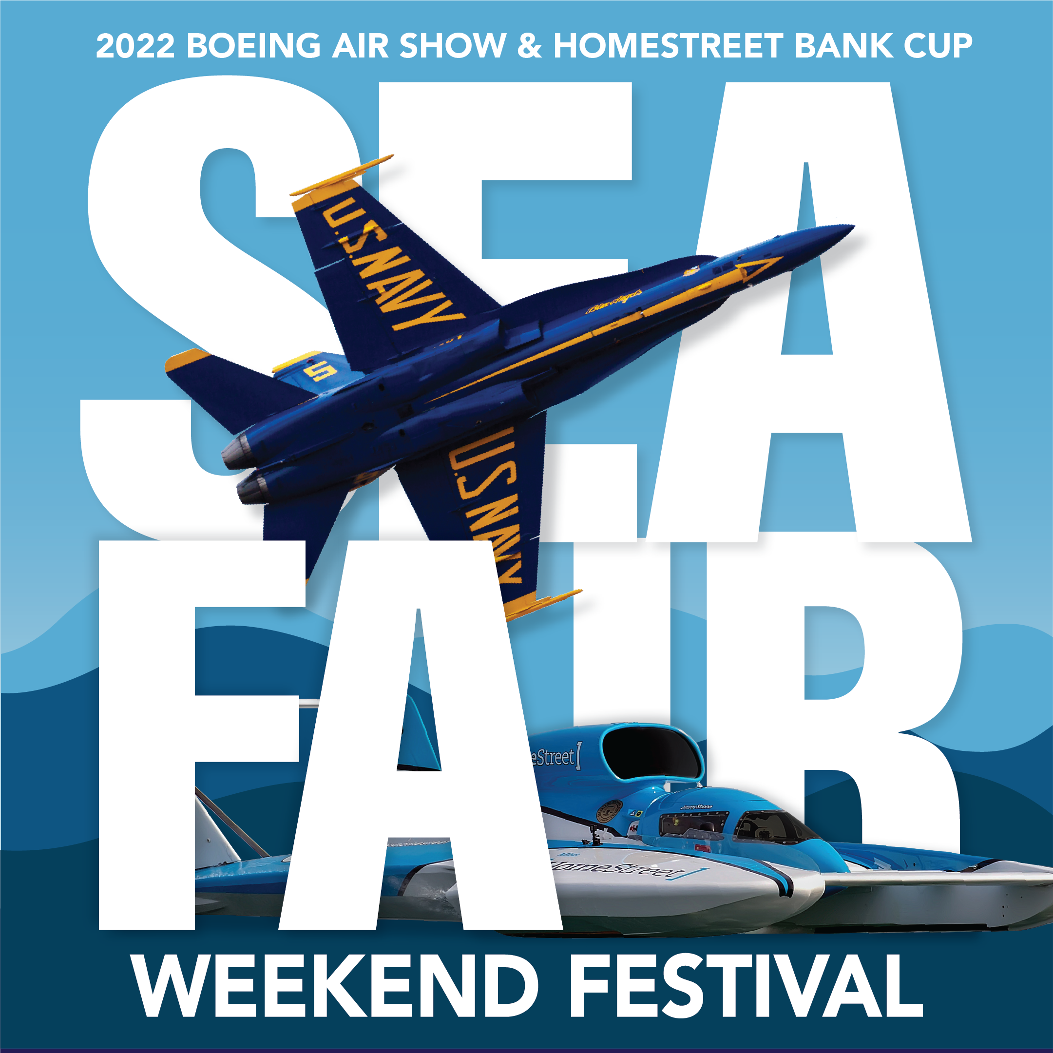 The Seafair Weekend Festival features hydroplane races, a Blue Angels airshow and much more! We used graphics of the hydroplane and the Super Hornet to showcase this Seattle Summer highlight.