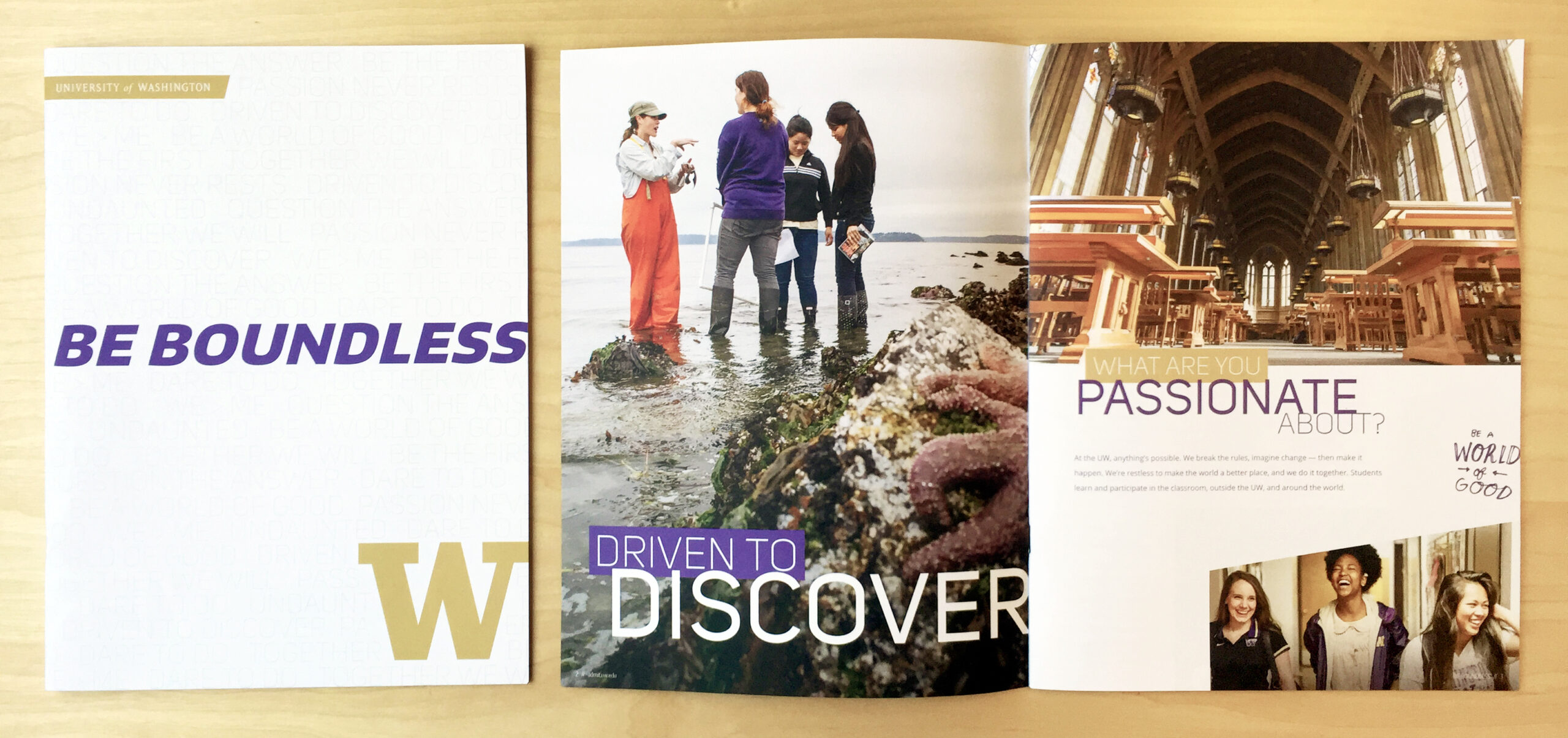 UW Admissions viewbook design cover & interior page design layouts