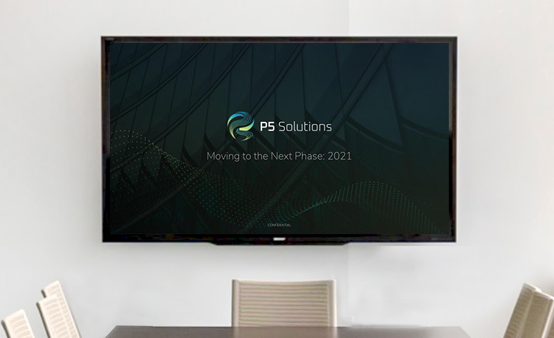 P5 solutions Google Slide template cover image on monitor in conference room