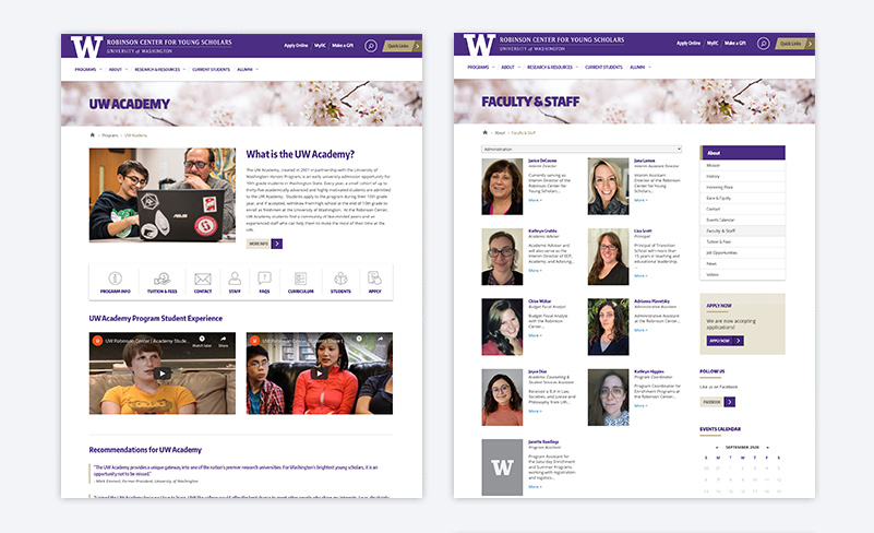 UW Robinson Center for Young Scholars website redesign internal pages