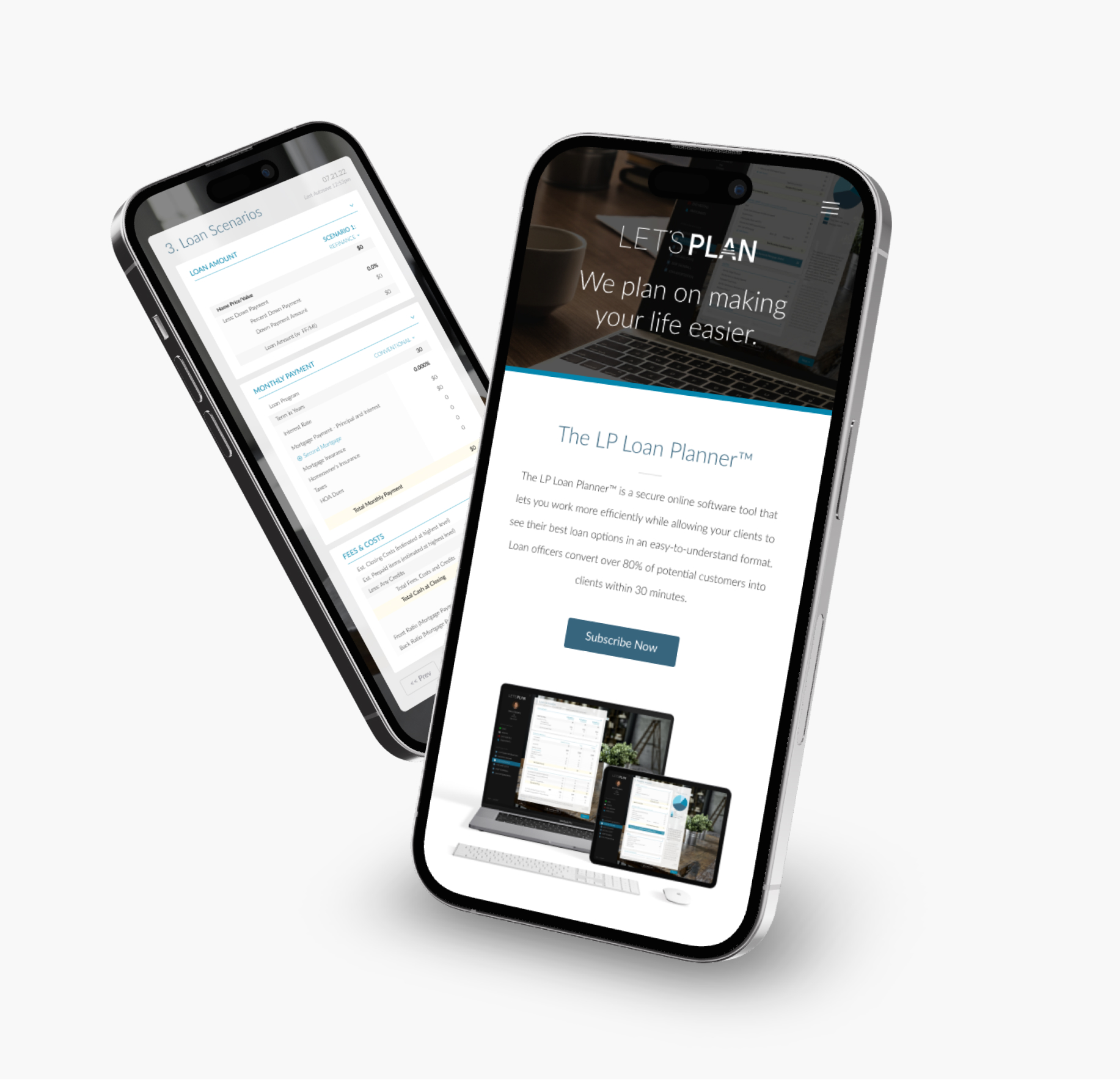 Two phones showing the Loan Scenarios and LP Loan Planner™ Product Page on the Let's Plan™ website