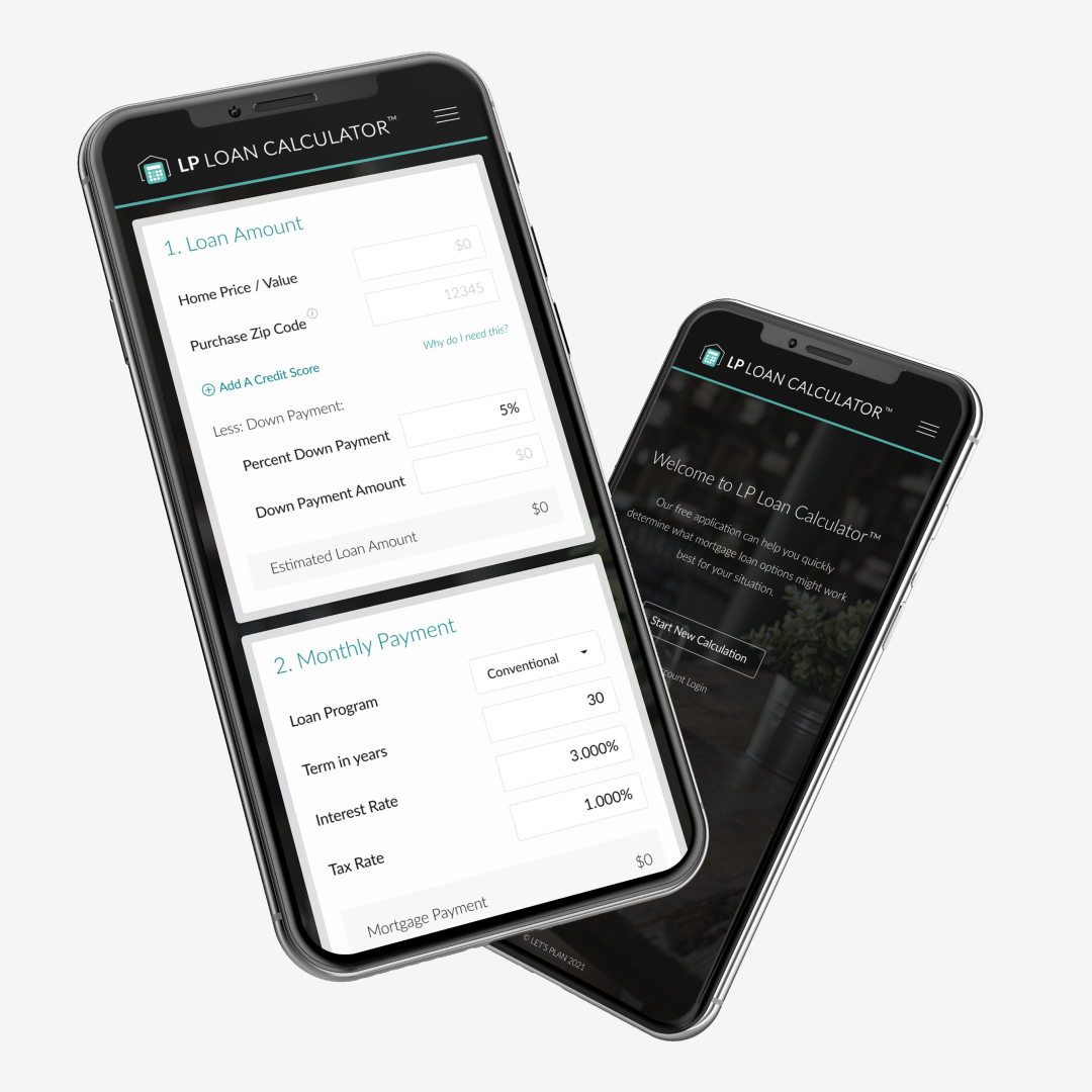 LP_LoanCalculator Mobile phone mockup showing the LP Loan Calculator™ screens