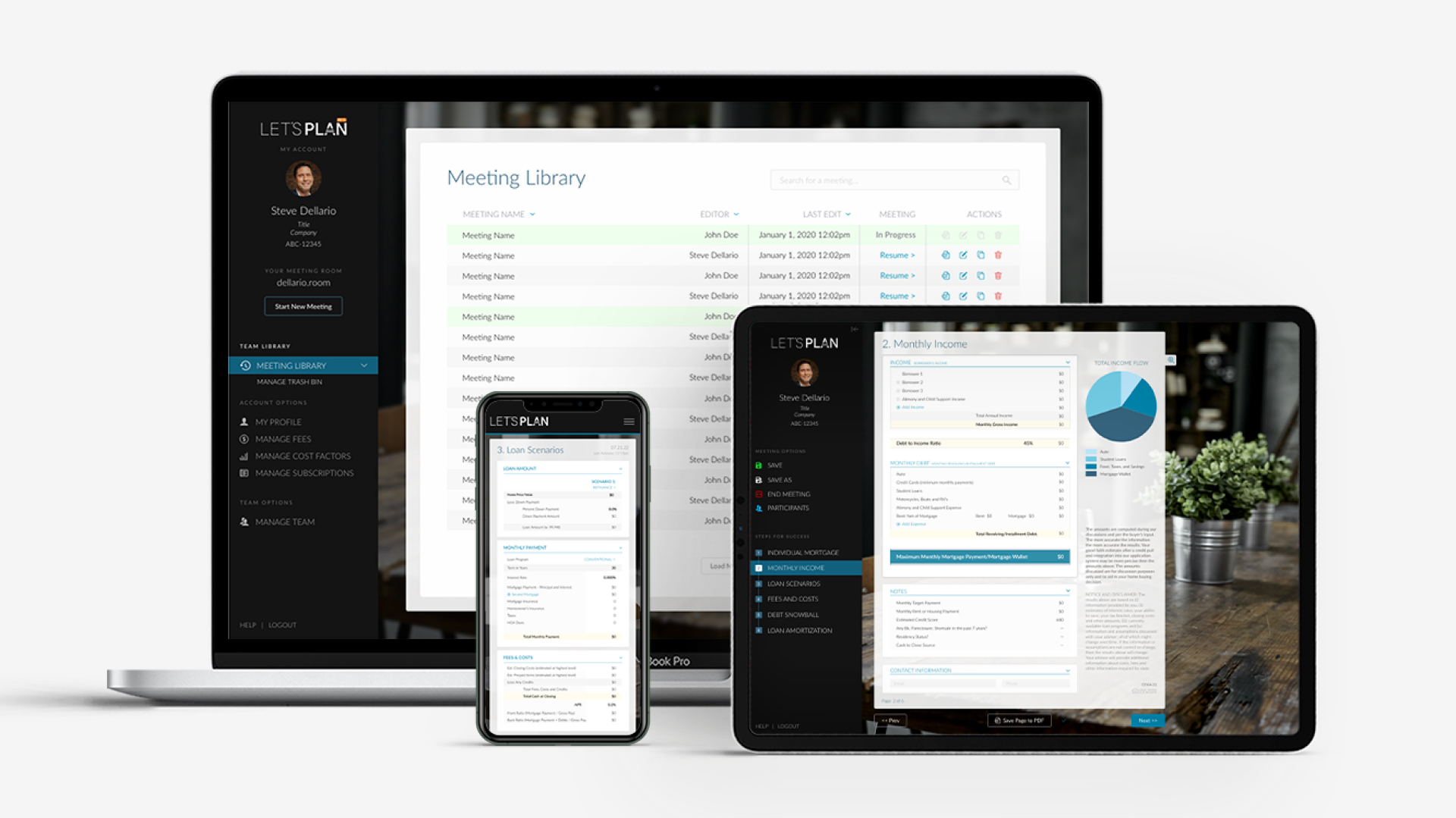 LP_LoanPlanner Mockup showing the LP Loan Planner™ application on a laptop, tablet, and mobile device