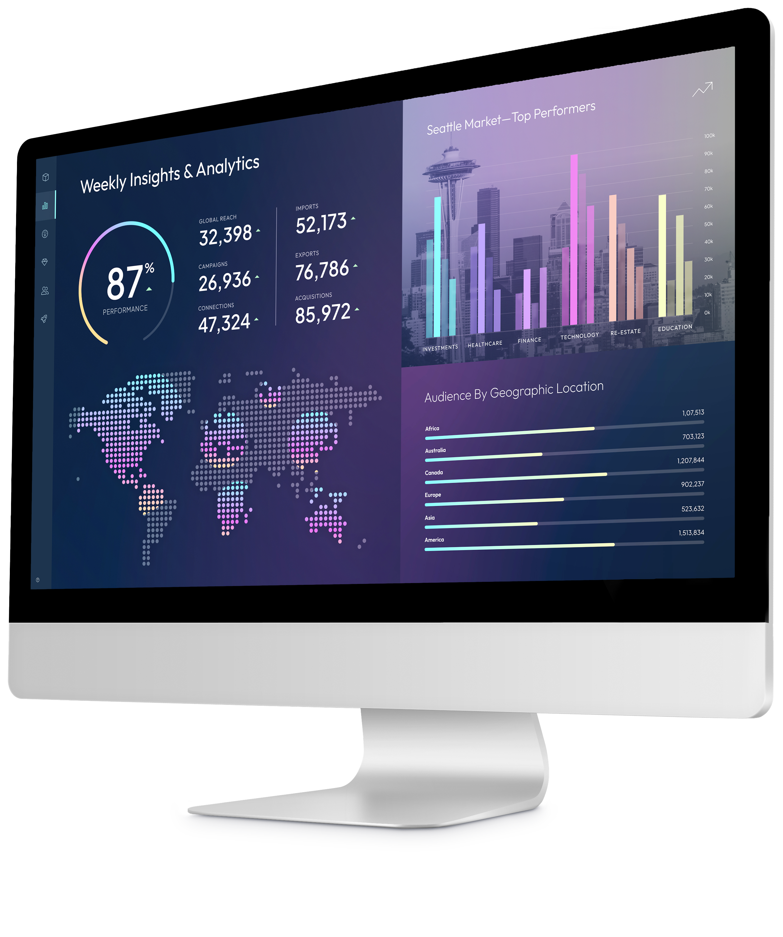 Home_Desktop_LeftFacing_Dark Desktop device showing a dashboard with stats and analytics in dark mode