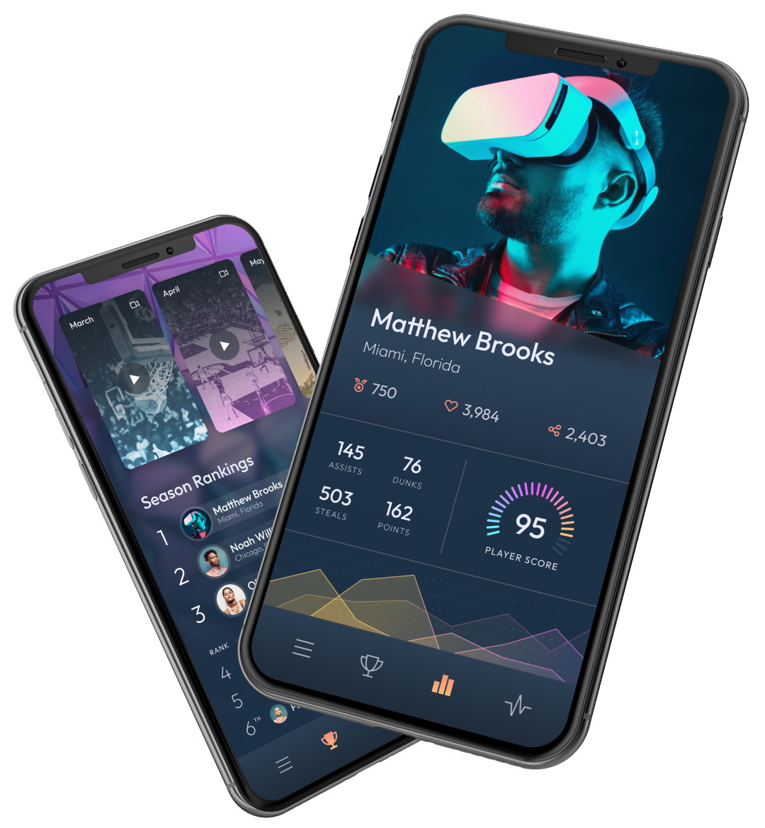 Mobile Phone Screens Showing A Virtual Reality Sports App In Dark Mode