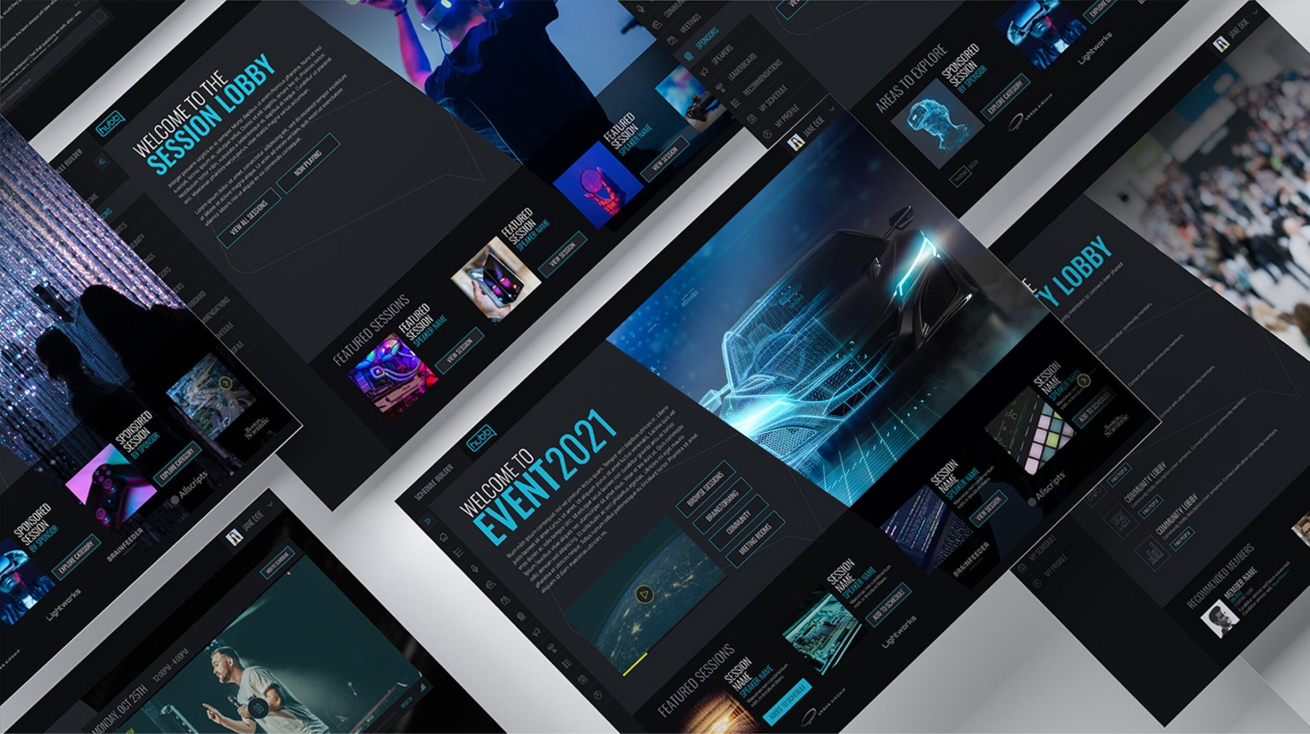 Hubb_DarkTheme_Full_EDIT2025_v2 Isometric screens showing the Hubb Technology Theme user interface and layout mockups