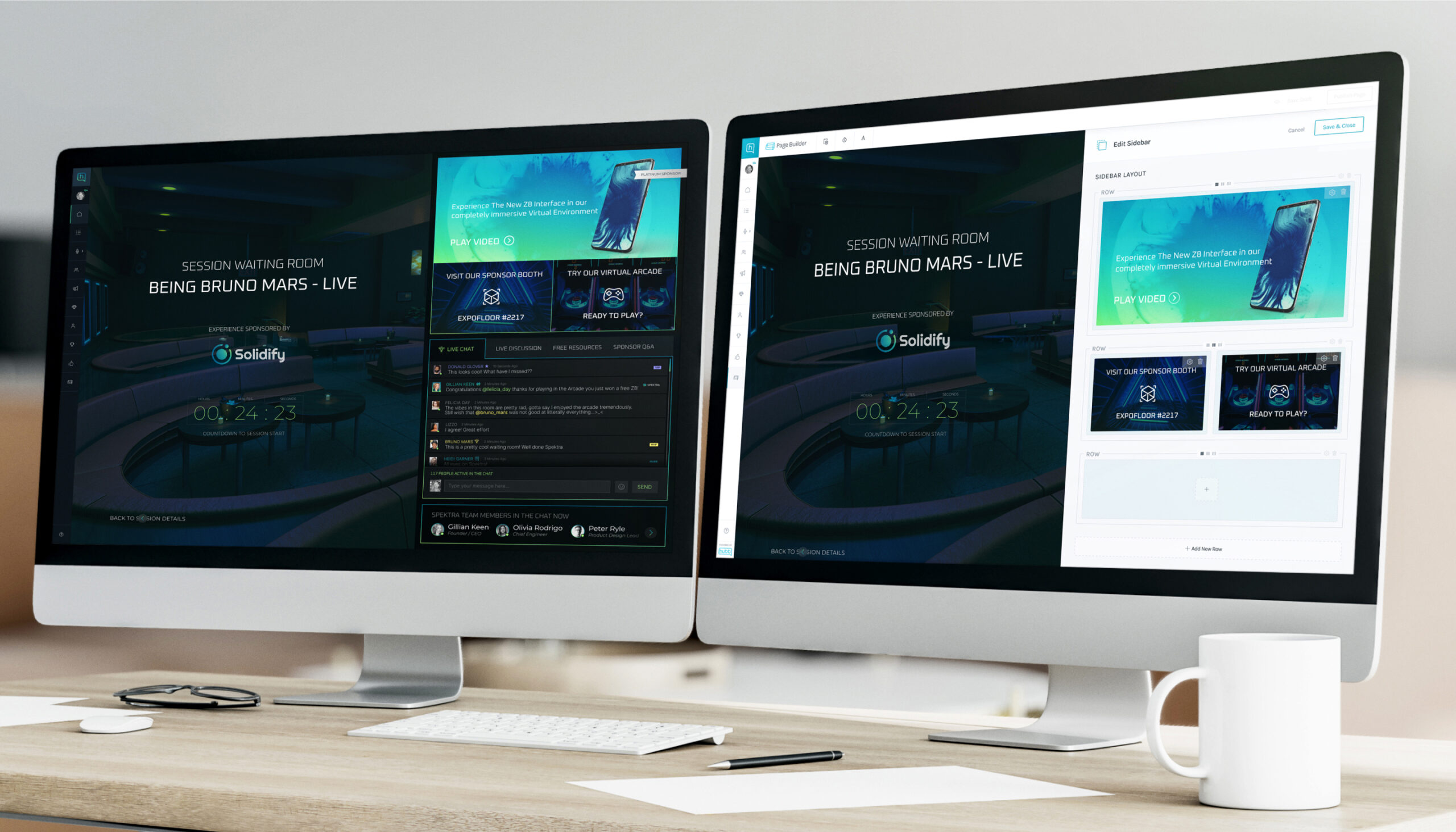 Intrado_PageBuilder-DualScreen_Edit2025 Dual Desktop Mockups showingthe Live Experience and Page Builder settings side-by-side