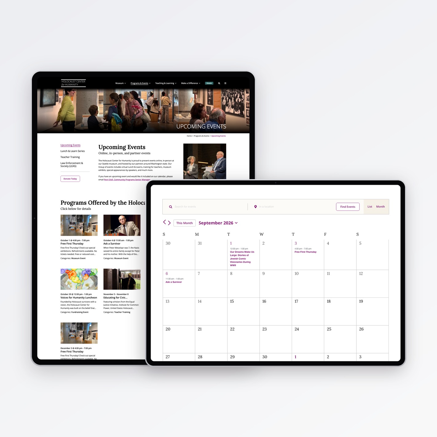 Holocaust Center for Humanity Events Calendar on Tablet