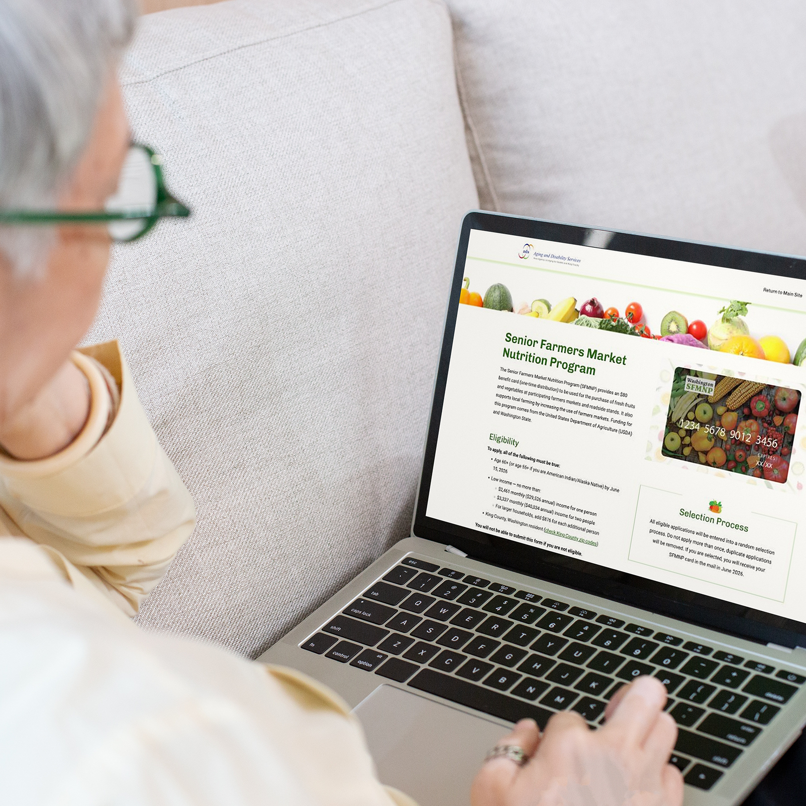 An accessible online application lets older adults across King County apply for the Senior Farmers Market Nutrition Program in English or 13 other languages.